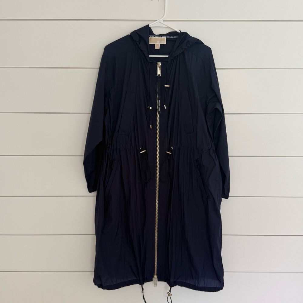 Michael Kors Rain Jacket Womens Size Small Long Trench Navy Blue Nylon
